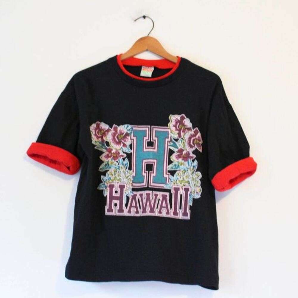 Vintage 90s Hawaii Black Crop Top T Shirt Womens XL Tropical Graphic